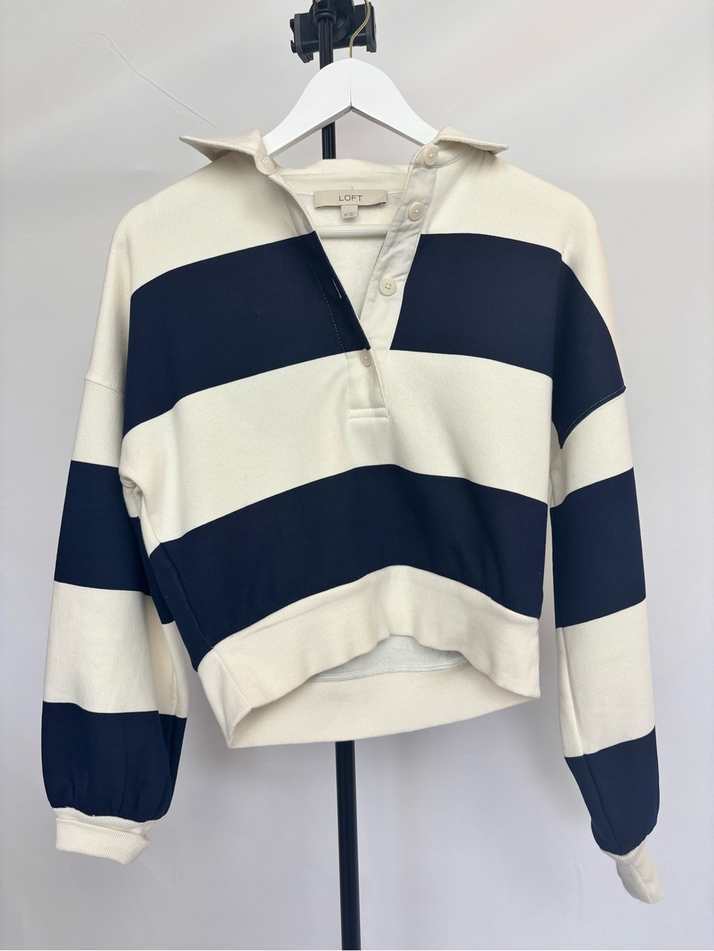LOFT Navy and Cream Rugby-Style Pullover